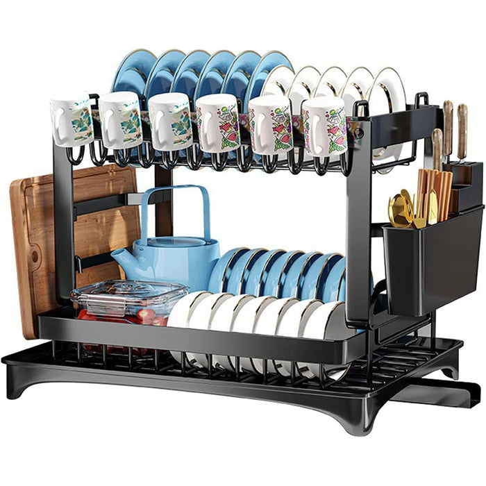 Adjustable 2-Tier Dish Drainer Rack — Plate, Bowl & Cutlery Organiser