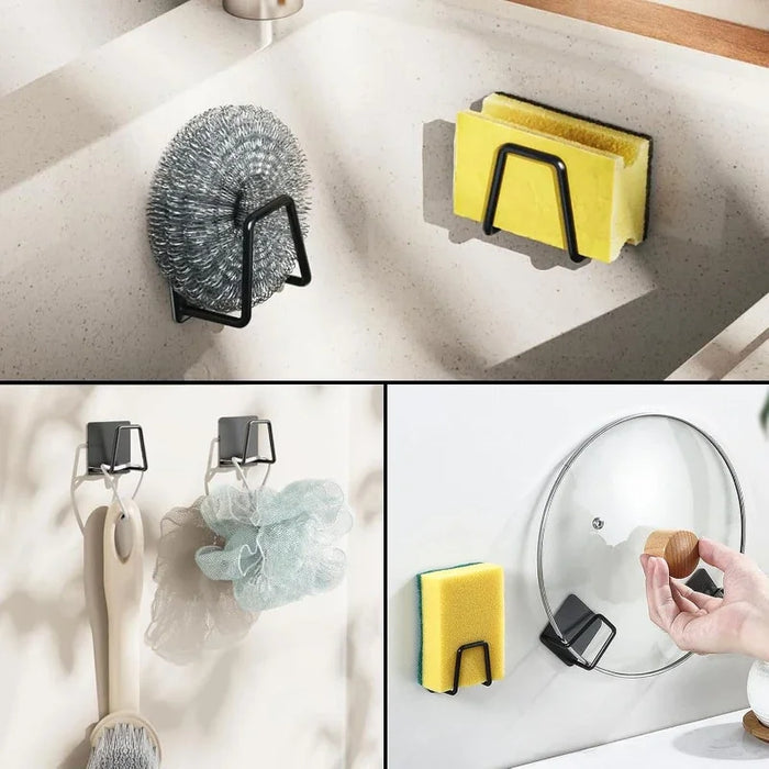 Self‑Adhesive Carbon Steel Sponge Holder — Sink & Bathroom Organiser, Black/Gray/White