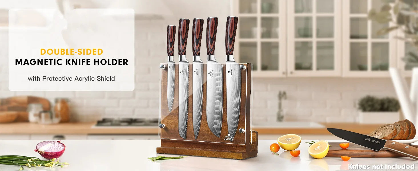 Double‑Sided Magnetic Knife Block with Acrylic Shield — Acacia Wood