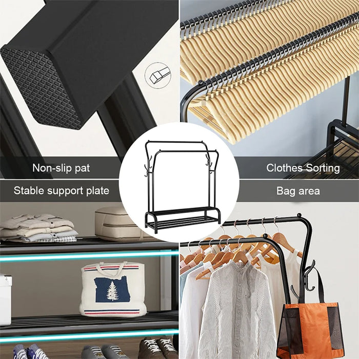 Double Rail Standing Clothes Rack with Mesh & Bottom Shelves — White or Black