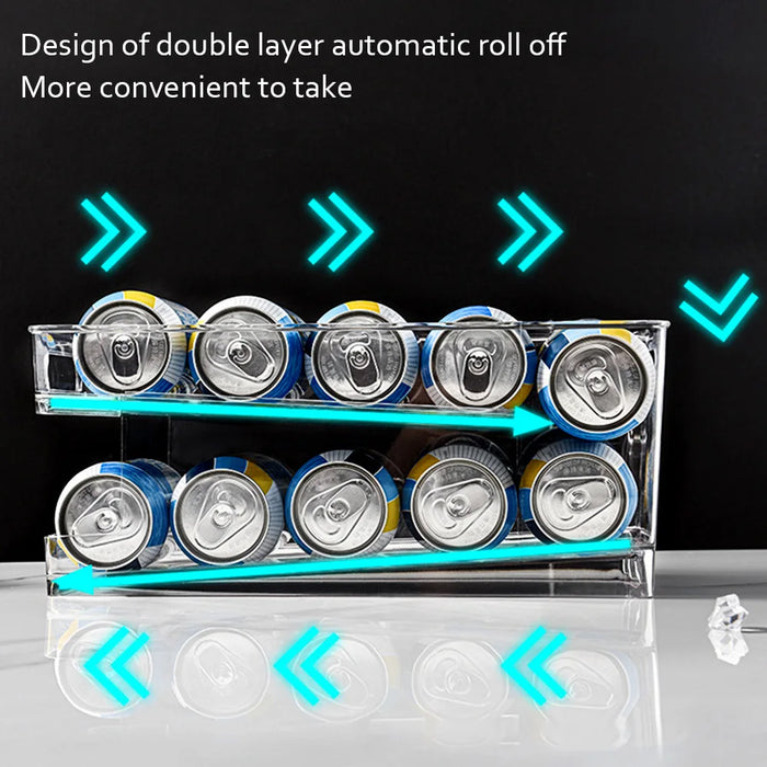 2-Tier Automatic Roll-Down Fridge Drink Dispenser — Clear Stackable Can Organiser
