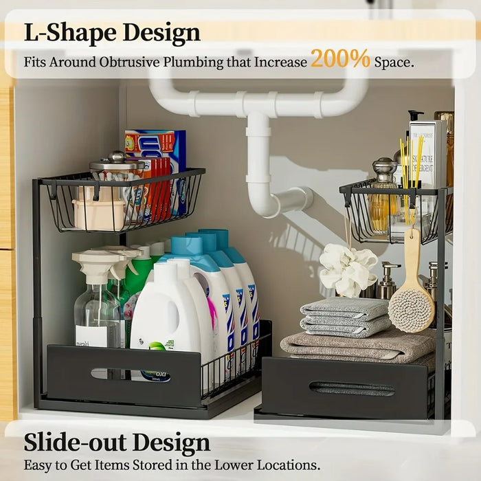 Metal Pull-Out Under-Sink Organiser with Sliding Shelf — Kitchen Storage (White/Black)