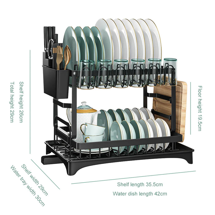 Adjustable 2-Tier Dish Drainer Rack — Plate, Bowl & Cutlery Organiser
