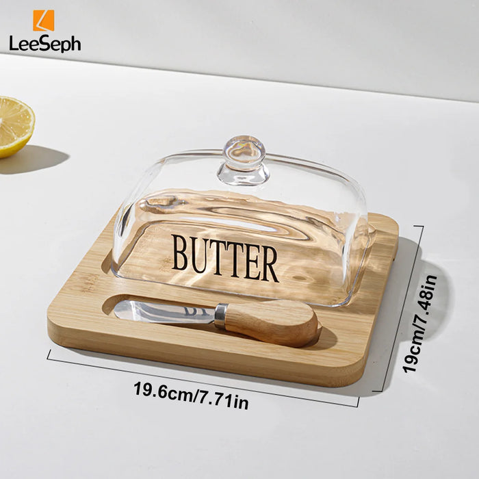 Bamboo Butter Dish with Glass Lid & Cutter — Reusable Butter Storage Case