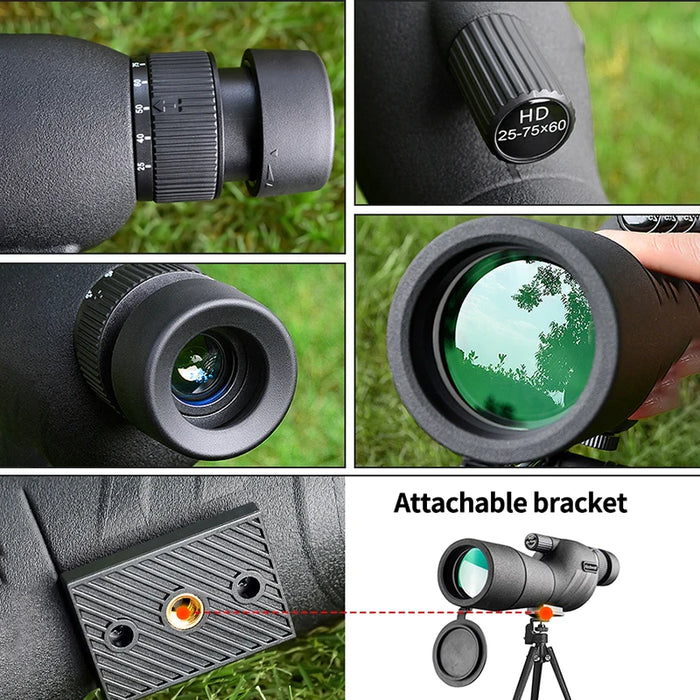 25–75x60 HD Spotting Scope Monocular — Waterproof Zoom for Birdwatching & Camping