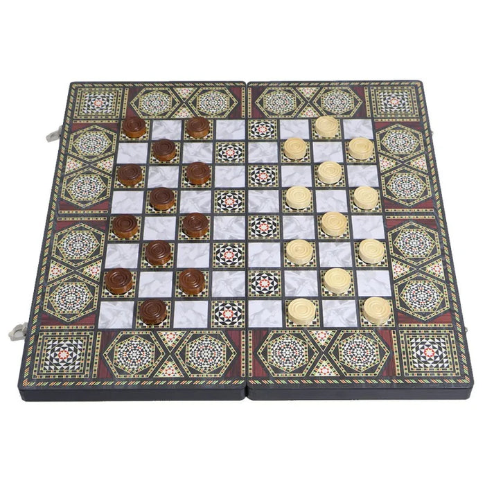 Luxury Knight 3-in-1 Wooden Foldable Game Board — Chess, Checkers & Backgammon