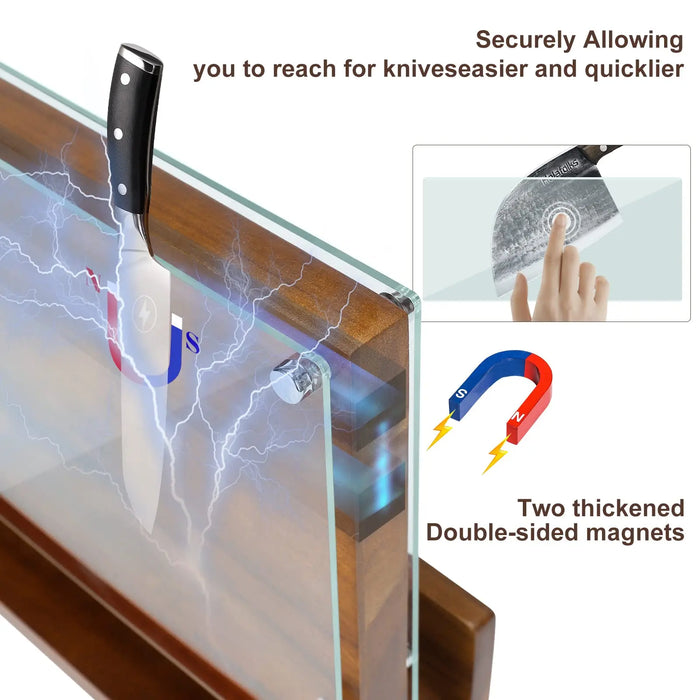 Double‑Sided Magnetic Knife Block with Acrylic Shield — Acacia Wood