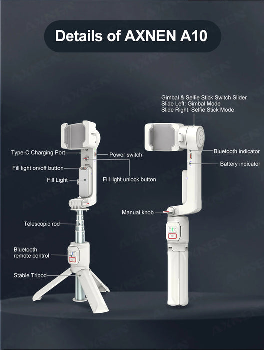 A10 Handheld Smartphone Gimbal with Fill Light, Extension Rod & Remote — for iPhone & Samsung