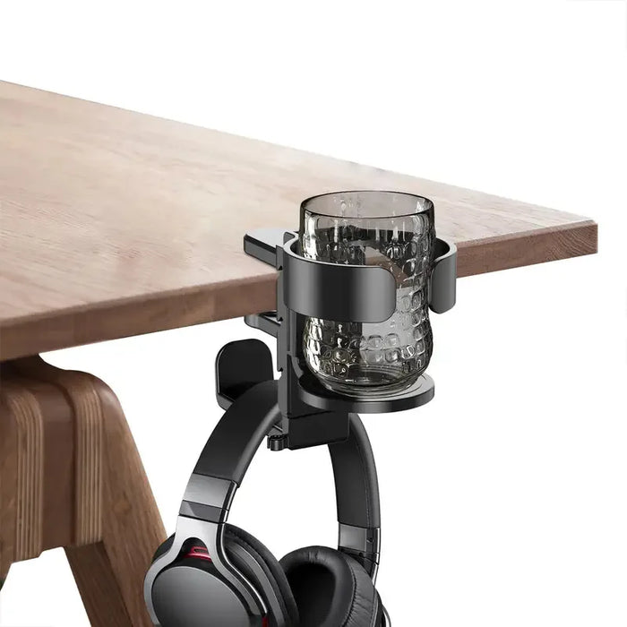 2-in-1 No‑Drill Desktop Cup Holder & Headphone Hook for Computer Desk