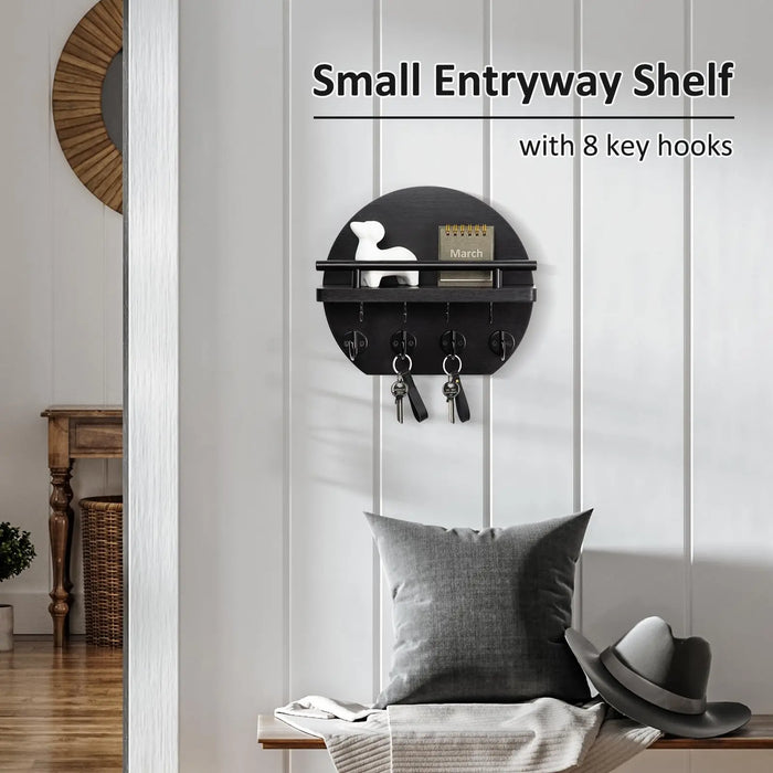 Wooden Wall-Mounted Key & Mail Holder with 8 Key Hooks and Shelf for Sunglasses & Dog Lead