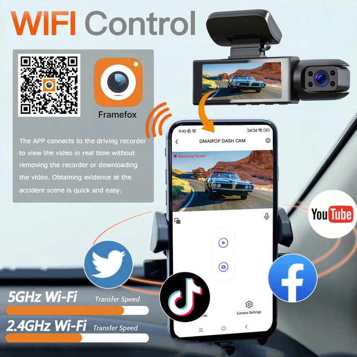 1080P Wi‑Fi Dual Dash Cam — Front & Interior, Night Vision, Loop Recording