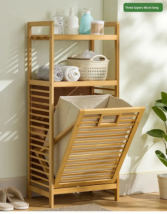 Adjustable Bamboo Laundry Hamper & Bathroom Rack with Pull-Out Shelves