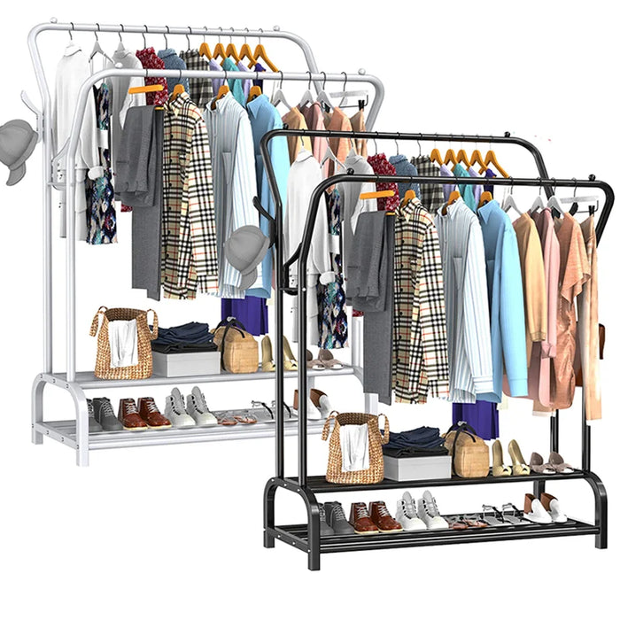 Double Rail Standing Clothes Rack with Mesh & Bottom Shelves — White or Black