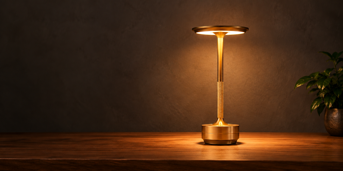 Golden Aura-bordlampe med varmt lys på en bordplate av tre