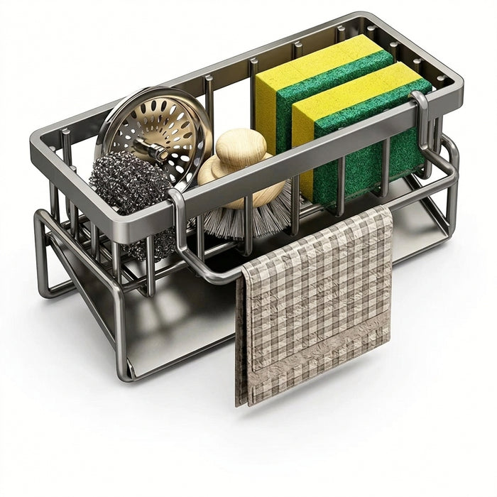 Kitchen Sink Sponge Holder – Auto-Draining Plastic Sink Caddy with Removable Brush Holder