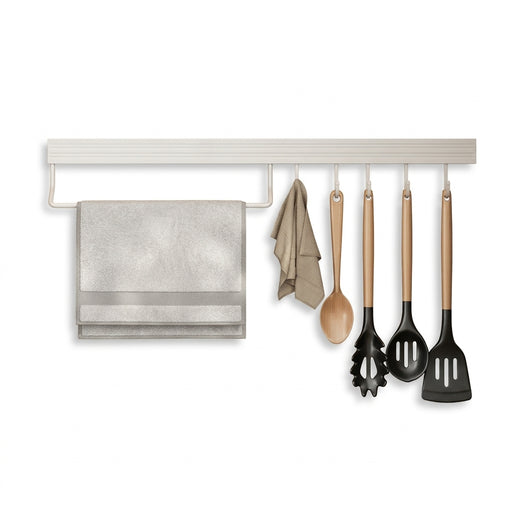No-Punch Wall-Mounted Kitchen Rack with Movable Hook Spoon Holder — White Aluminium