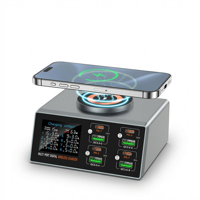 140W 8‑Port GaN Fast Charger Station with Qi2 Wireless Pad — Travel & Home