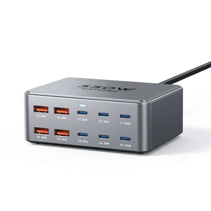 330W GaN 10‑Port USB Charger — 2×100W USB‑C, PD3.0/PPS/QC3.0, for MacBook Pro & iPhone 15/16