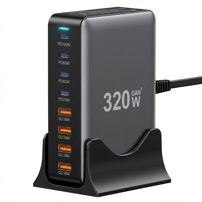 320W GaN 8‑Port Desktop Charger — 4×USB‑C & 4×USB‑A, 100W PD