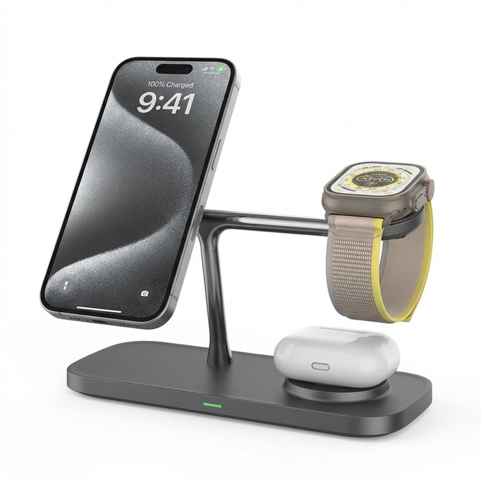 3-in-1 Magnetic Wireless Charger Stand for iPhone 12–17, Apple Watch Series 4–10 & AirPods (Qi)