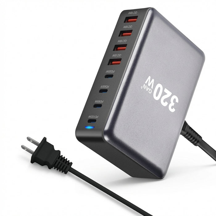 320W GaN Desktop Charger — 8‑Port USB‑C & USB‑A PD Station (Model 4C4A)