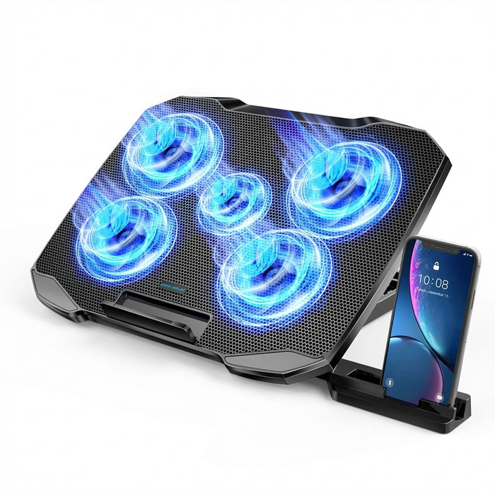 Laptop Cooling Pad 12–17 inch — 5 Quiet Fans, Adjustable Angles & Phone Holder
