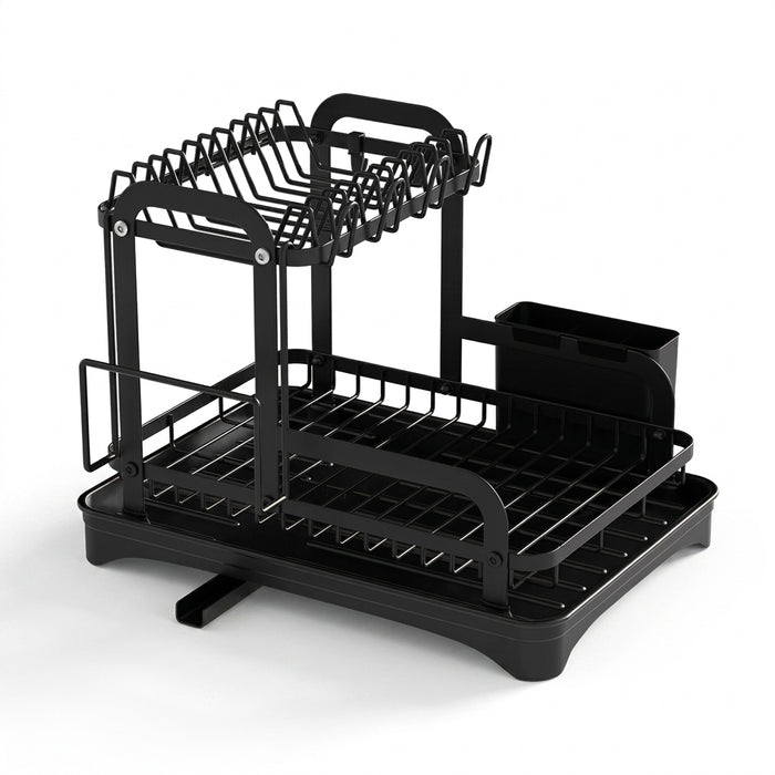 2-Tier Wrought Iron Dish Drainer with 360° Drainage & Drainboard