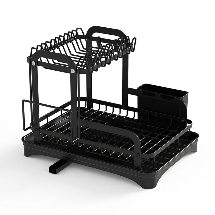 2-Tier Wrought Iron Dish Drainer with 360° Drainage & Drainboard