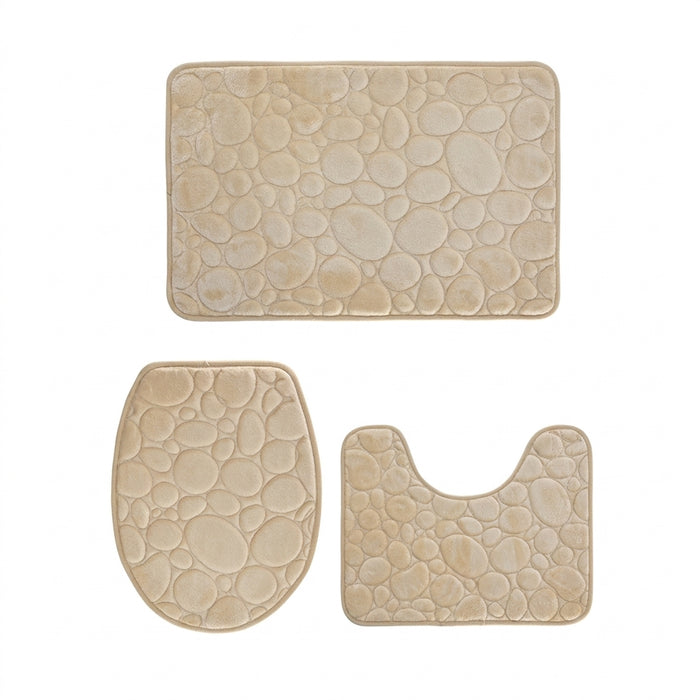 Three‑Piece Stone‑Pattern Microfibre Bathroom Mat Set — Water‑Absorbent & Non‑Slip