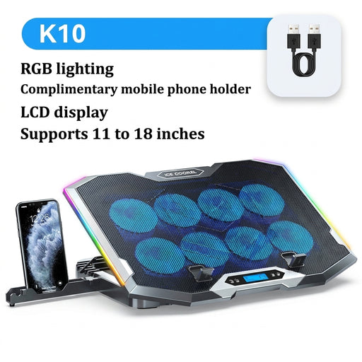 RGB Laptop Cooling Pad for 12–18 inch Laptops — 8 Fans, 3500 RPM, LCD Speed Control, 2 USB Ports